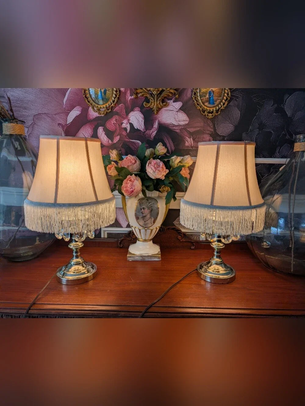 VTG, Set of 2, Regency Crystal Prism Accent, Polished Gold Metal Column LampS